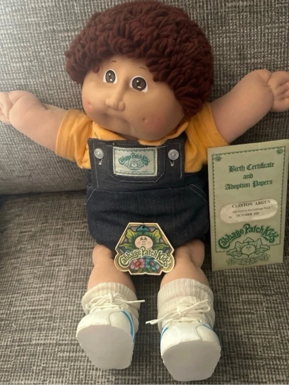 Cabbage Patch Kids Boy Doll Brown Curly Hair Overalls Shoes